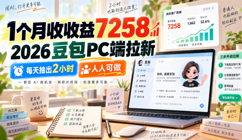 1个月收收益7258，2026豆包PC端拉新，每天抽出2小时，人人可做-伊亚库