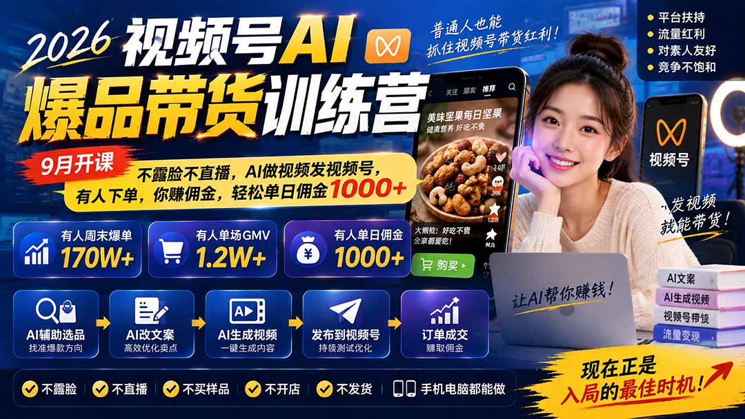 2026视频号AI爆品带货训练营-9月开课｜不露脸不直播，AI做视频发视频号，有人下单，你赚佣金，轻松单日佣金1000+-伊亚库