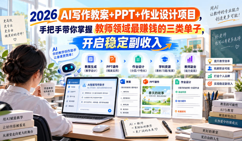 2026 AI写作教案+PPT+作业设计项目，手把手带你掌握教师领域最賺钱的三类单子，开启稳定副收入-伊亚库