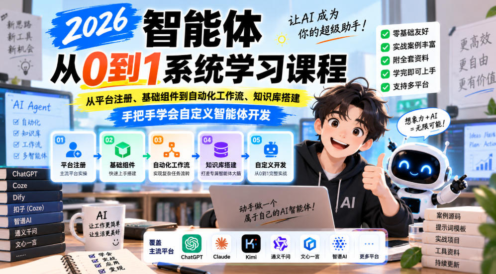 2026智能体从0到1系统学习课程，从平台注册、基础组件到自动化工作流、知识库搭建，手把手学会自定义智能体开发-伊亚库