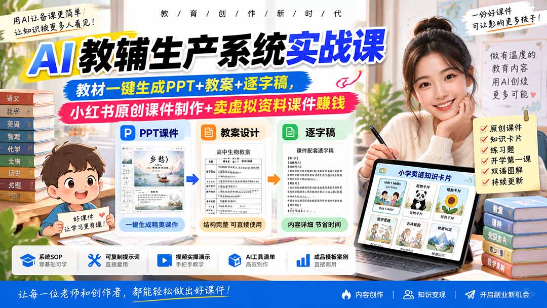 AI教辅生产系统实战课｜教材一键生成PPT+教案+逐字稿，小红书原创课件制作+卖虚拟资料课件赚钱-伊亚库