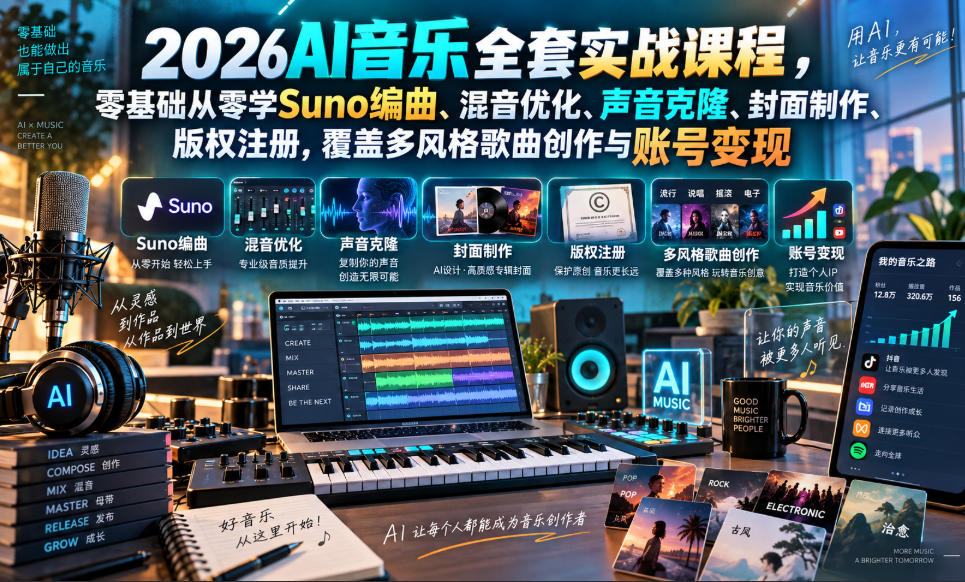 2026AI音乐实战课程，零基础从零学Suno编曲、混音优化、声音克隆、版权注册，覆盖多风格歌曲创作与账号变现-伊亚库