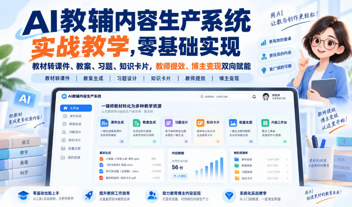 AI教辅内容生产系统实战教学，零基础实现教材转课件、教案、习题、知识卡片，教师提效、博主变现双向赋能-伊亚库