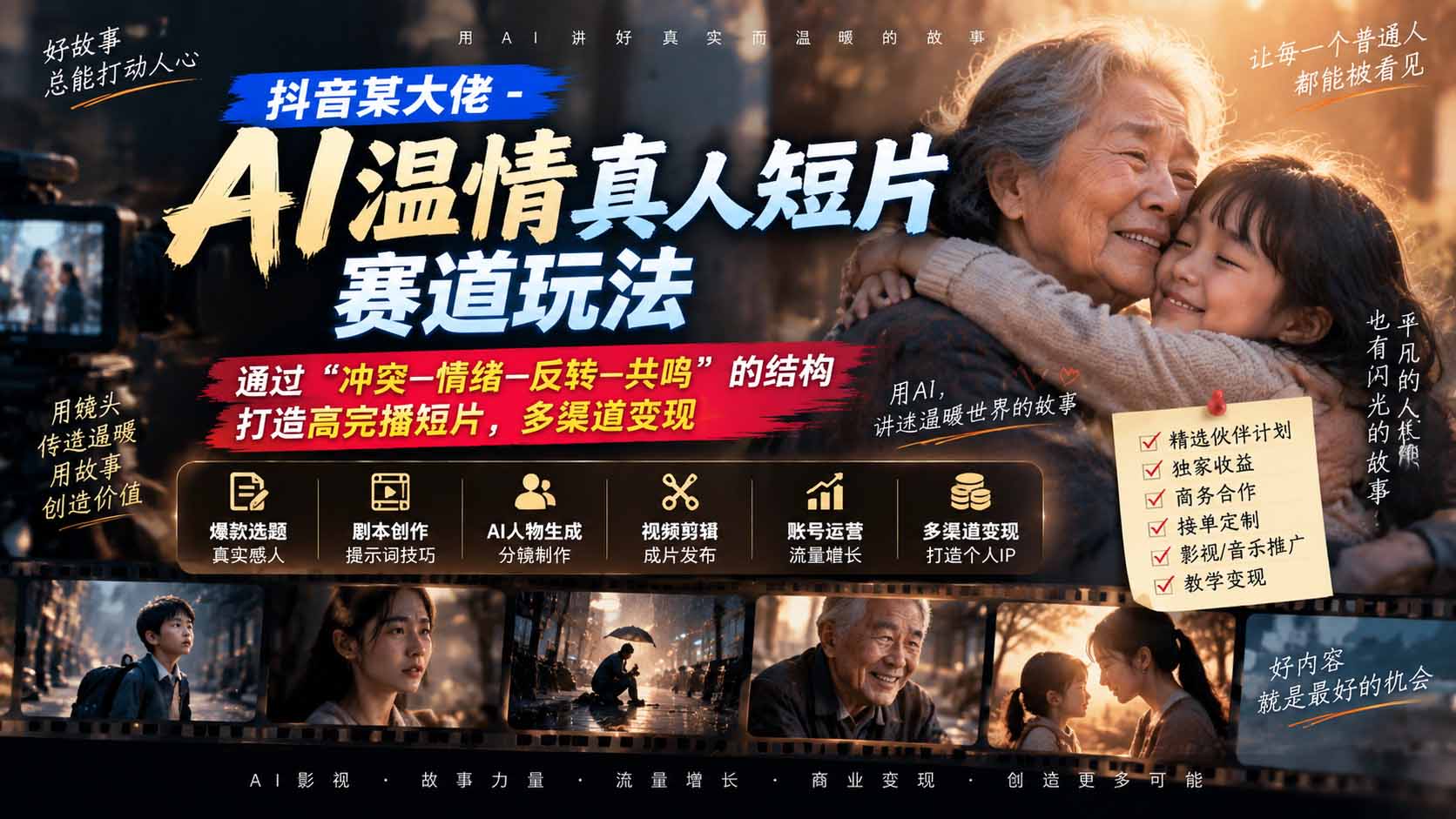抖音某大佬-AI温情真人短片赛道玩法：通过“冲突—情绪—反转—共鸣”的结构打造高完播短片，多渠道变现-伊亚库