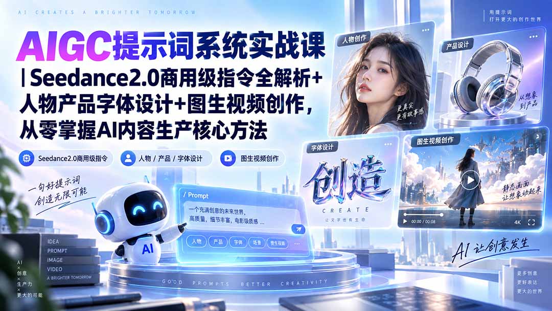 AIGC提示词系统实战课-无水印｜Seedance2.0商用级指令全解析+人物产品字体设计+图生视频创作，掌握AI内容生产方法-伊亚库