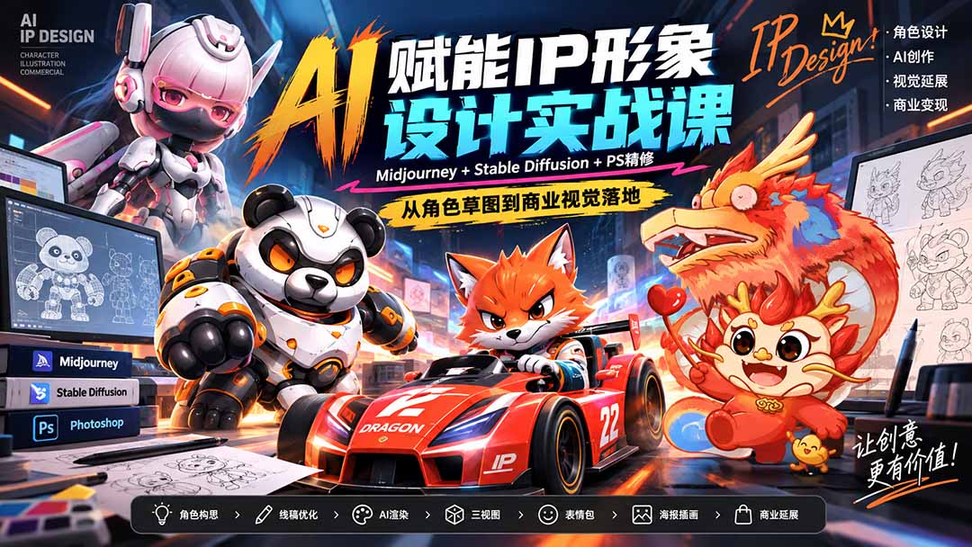 AI赋能IP形象设计实战课-无水印：Midjourney+Stable Diffusion+PS精修，从角色草图到商业视觉落地-伊亚库