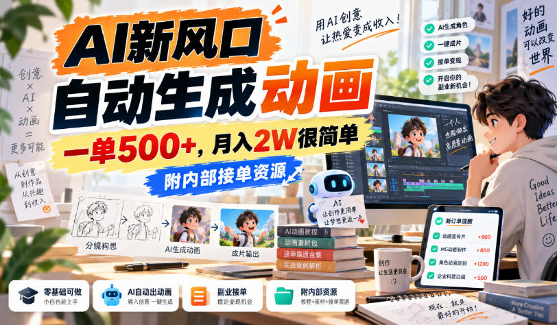 AI新风口，自动生成动画，一单500+，月入2W很简单，附内部接单资源【揭秘】-伊亚库