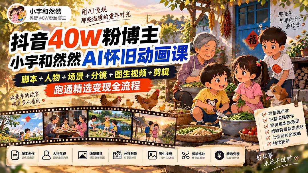 抖音40W粉博主小宇和然然AI怀旧动画课｜脚本+人物+场景+分镜+图生视频+剪辑，跑通精选变现全流程-伊亚库