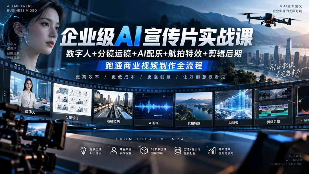 企业级AI宣传片实战课｜数字人+分镜运镜+AI配乐+航拍特效+剪辑后期，跑通商业视频制作全流程-伊亚库