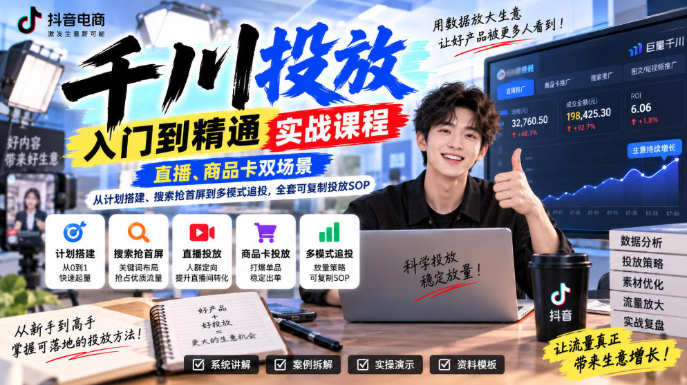 千川投放入门到精通实战课程，直播、商品卡双场景，从计划搭建、搜索抢首屏到多模式追投，全套可复制投放SOP-伊亚库