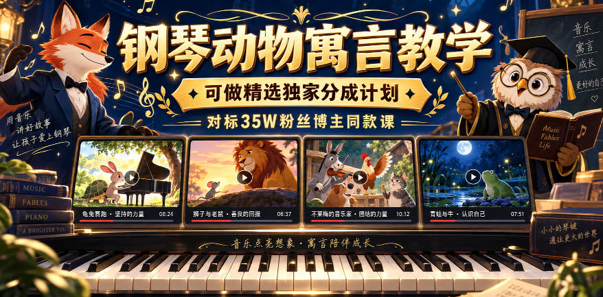 钢琴动物寓言教学，可做精选独家分成计划，对标35W粉丝博主同款课-伊亚库