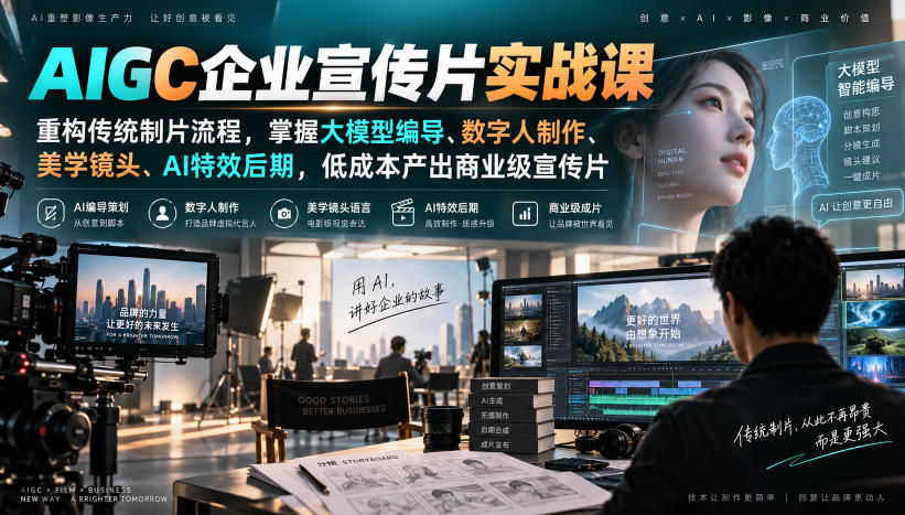 AIGC企业宣传片实战课，重构传统制片流程，掌握大模型编导、数字人制作、美学镜头、AI特效后期，低成本产出商业级宣传片-伊亚库