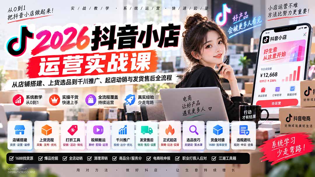 2026抖音小店运营实战课｜从店铺搭建、上货选品到千川推广、起店动销与发货售后全流程-伊亚库