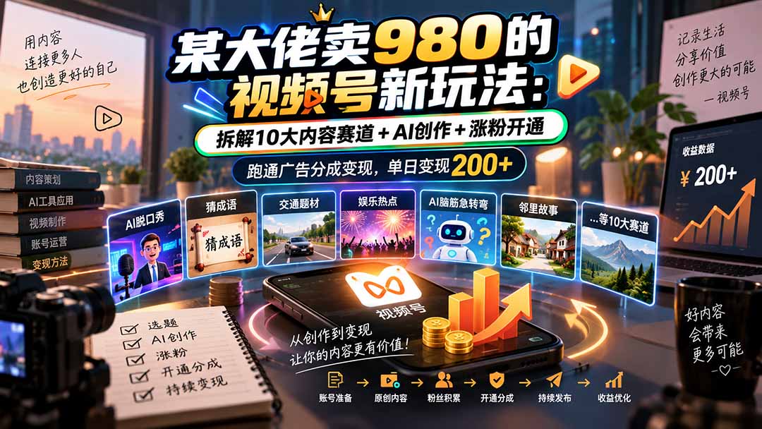 某大佬卖980的视频号新玩法：拆解10大内容赛道+AI创作+涨粉开通，跑通广告分成变现，单日变现200+-伊亚库