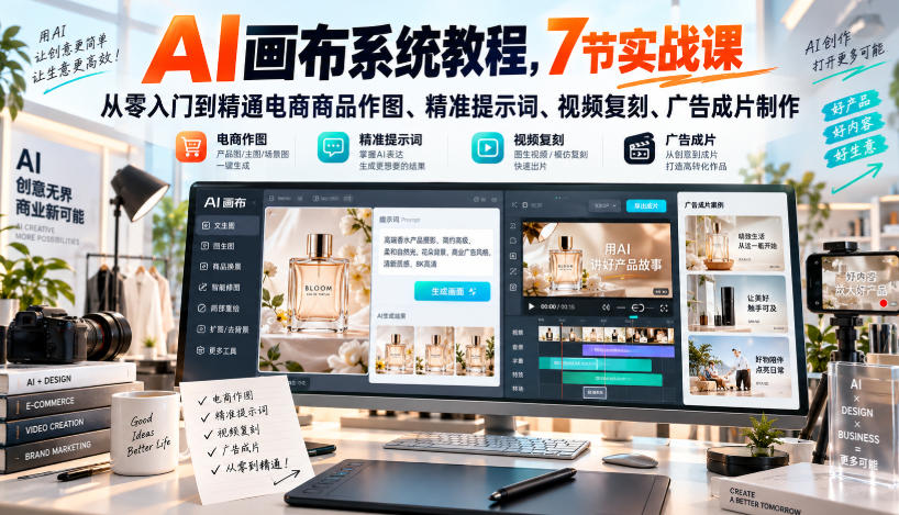 AI画布系统教程，7节实战课从零入门到精通电商商品作图、精准提示词、视频复刻、广告成片制作-伊亚库
