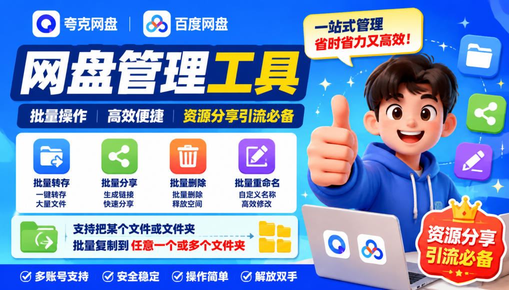 夸克网盘批量文件重命名，批量转存、批量分享、批量复制，内置AI功能-伊亚库