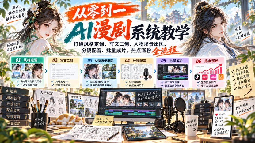 从零到一AI漫剧系统教学,打通风格定调、写文二创、人物场景出图、分镜配音、批量成片、热点涨粉全流程