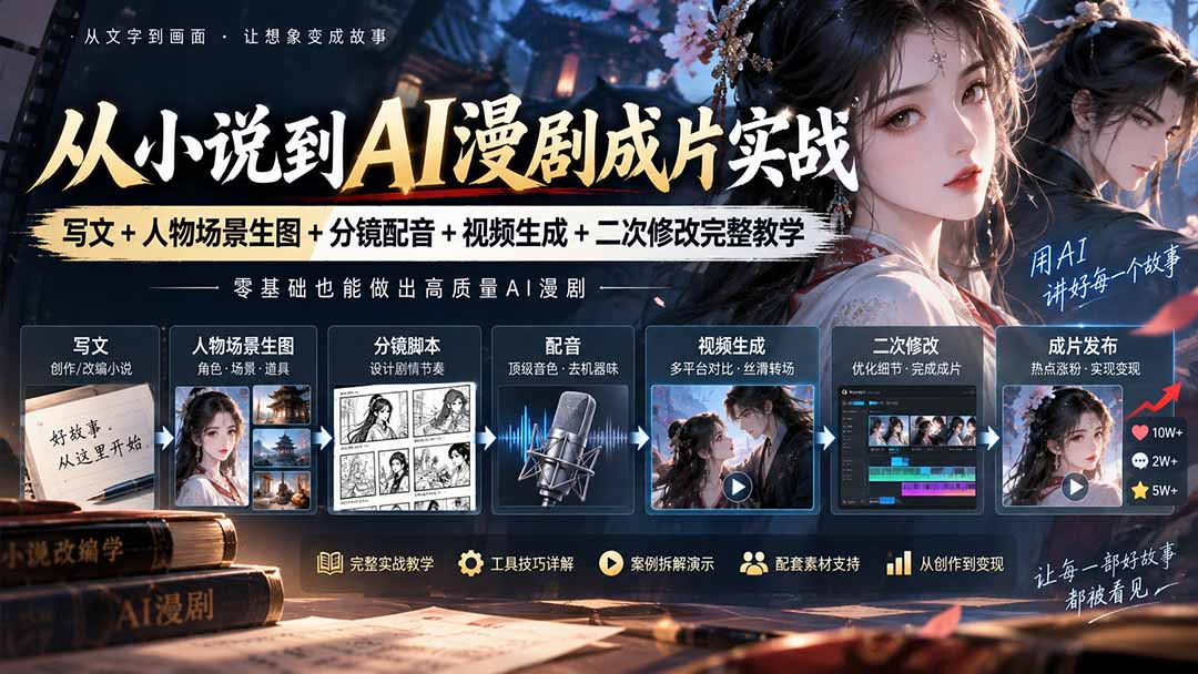 从小说到AI漫剧成片实战：写文+人物场景生图+分镜配音+视频生成+二次修改完整教学-伊亚库