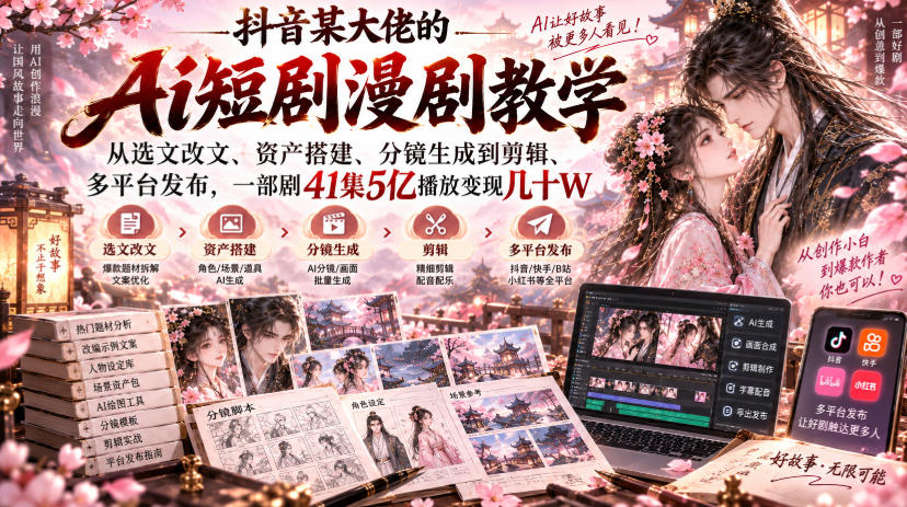 抖音某大佬的Ai短剧漫剧教学，从选文改文、资产搭建、分镜生成到剪辑、多平台发布，一部剧41集5亿播放变现几十W-伊亚库