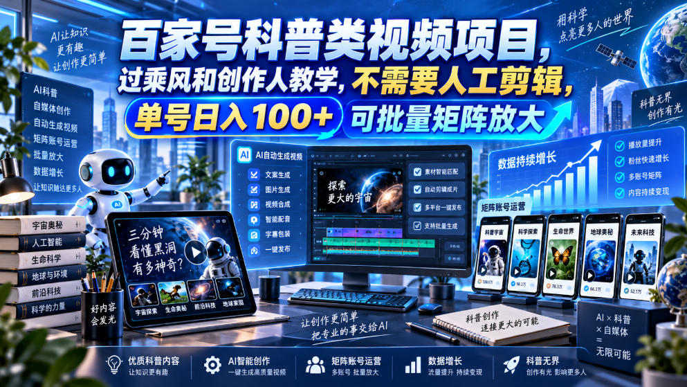 百家号科普类视频项目，过乘风和创作人教学，不需要人工剪辑，单号日入100+可批量矩阵放大-伊亚库