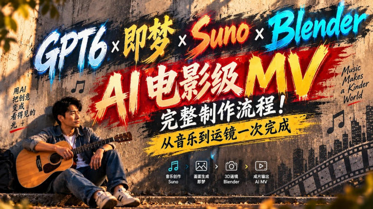 GPT6×即梦×Suno×Blender｜AI电影级MV完整制作流程！从音乐到运镜一次完成！-伊亚库