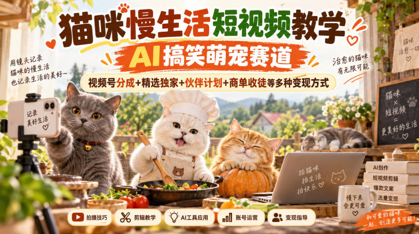 猫咪慢生活短视频教学，AI搞笑萌宠赛道，视频号分成+精选独家+伙伴计划+商单收徒等多种变现方式-伊亚库