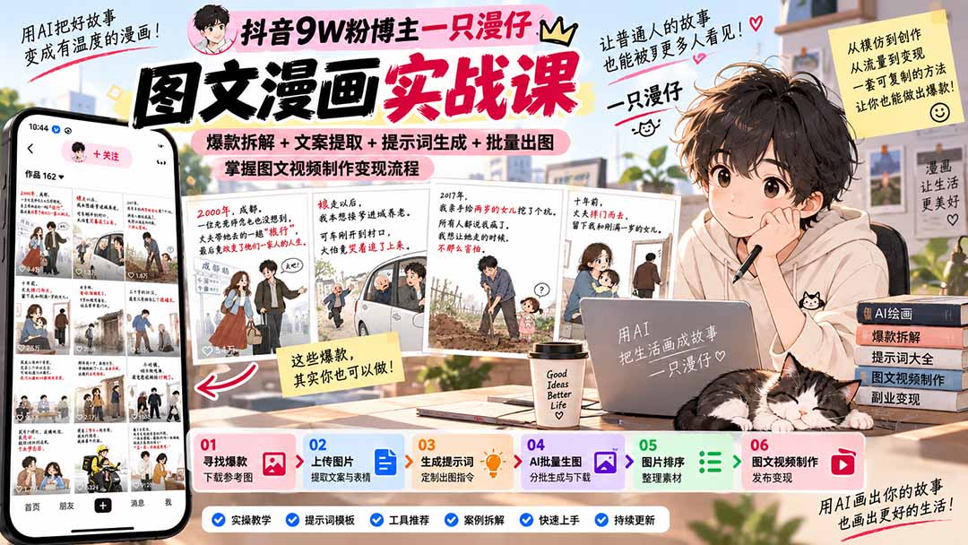 抖音9W粉博主一只漫仔图文漫画课：爆款拆解+文案提取+提示词生成+批量出图，掌握图文视频制作变现流程-伊亚库