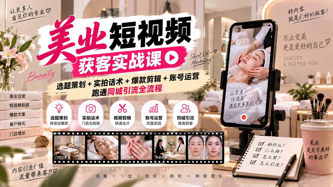 美业短视频获客实战课-无水印：选题策划+实拍话术+爆款剪辑+账号运营，跑通同城引流全流程-伊亚库