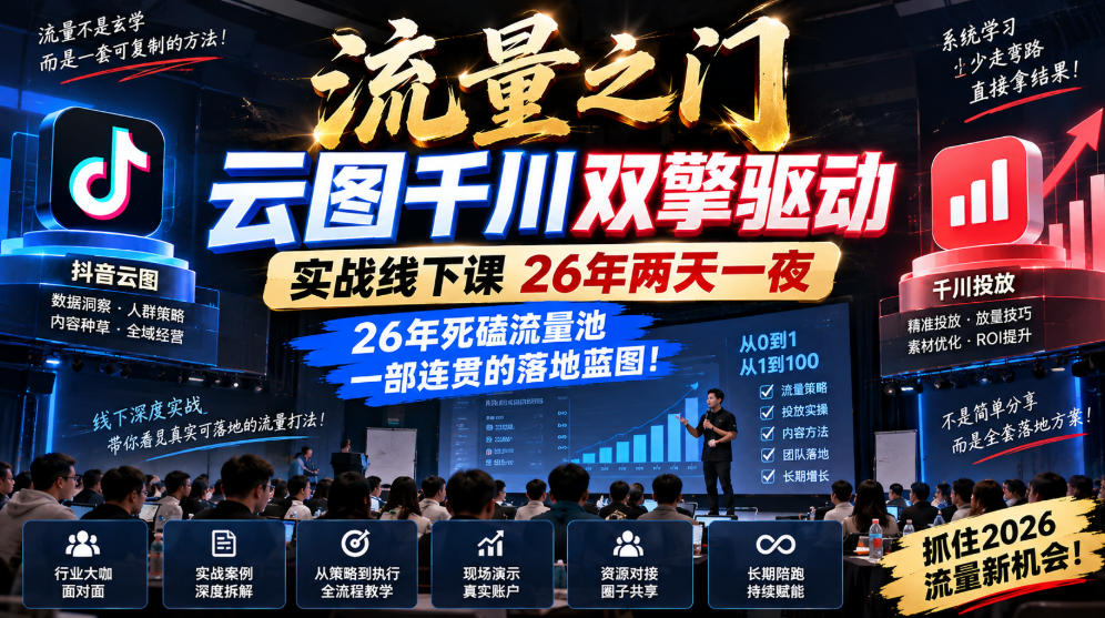 流量之门-云图千川双擎驱动实战线下课26年两天一夜，26年死磕流量池一部连贯的落地蓝图!-伊亚库