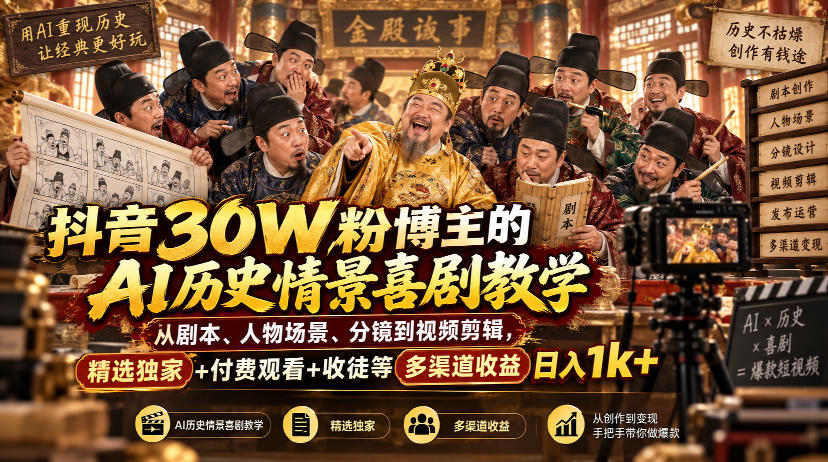 抖音30W粉博主的AI历史情景喜剧教学，从剧本、人物场景、分镜到视频剪辑，精选独家+付费观看+收徒等多渠道收益日入1k+-伊亚库