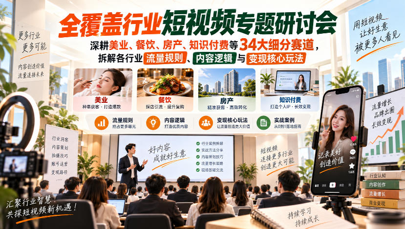 短视频专题研讨会，深耕美业、餐饮、房产、知识付费等34大细分赛道，拆解各行业流量规则、内容逻辑与变现核心玩法-伊亚库