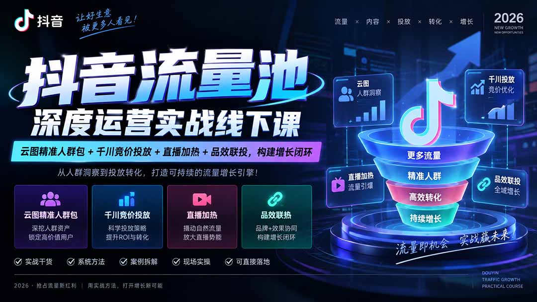 抖音流量池深度运营实战线下课｜云图精准人群包+千川竞价投放+直播加热+品效联投，构建增长闭环-伊亚库