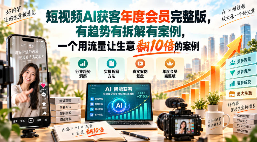 短视频AI获客年度会员完整版，有趋势有拆解有案例，一个用流量让生意翻10倍的案例-伊亚库