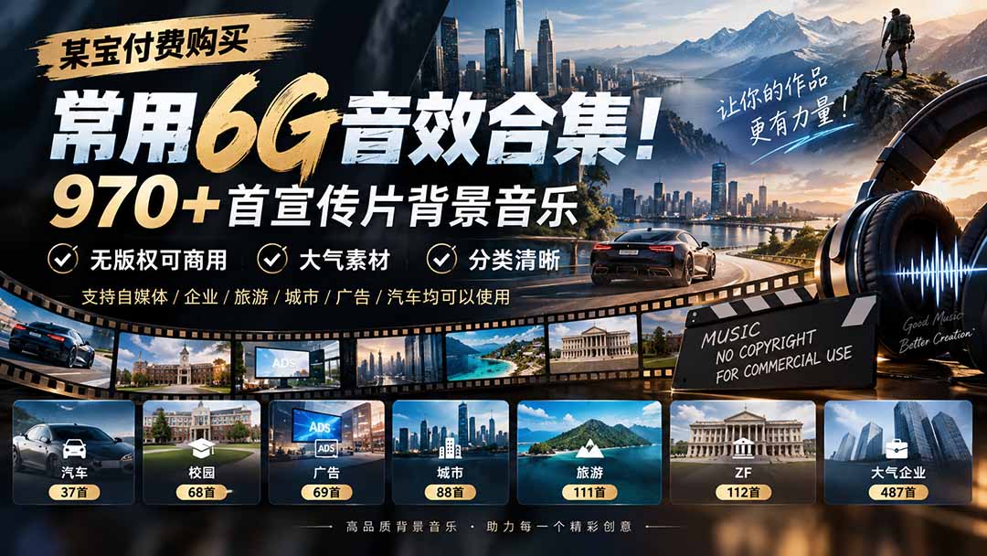 某宝付费购买，常用6G音效合集！970+首宣传片背景音乐，无版权可商用大气素材，分类清晰-伊亚库