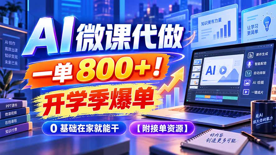 AI 微课代做，一单 800+！开学季爆单，0 基础在家就能干【附接单资源】-伊亚库