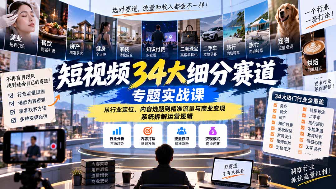 短视频34大细分赛道专题实战课：从行业定位、内容选题到精准流量与商业变现，系统拆解运营逻辑-伊亚库