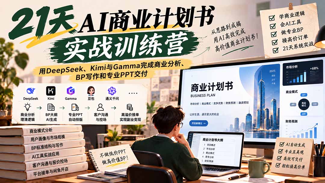 【无水印】21天AI商业计划书实战训练营：用DeepSeek、Kimi与Gamma完成商业分析、BP写作和专业PPT交付-伊亚库