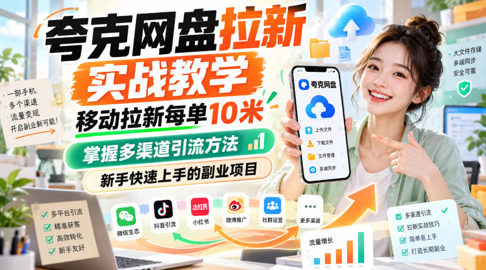 夸克网盘拉新实战教学，移动拉新每单10米，掌握多渠道引流方法，新手快速上手的副业项目-伊亚库