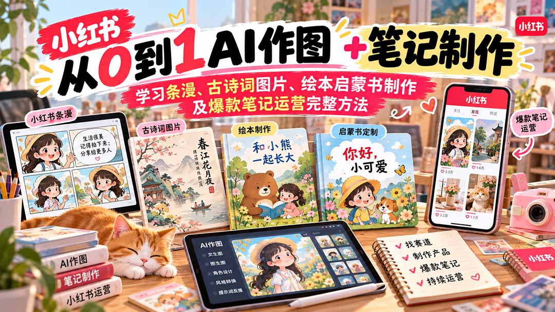 2026小红书AI内容创作从0到1：学习条漫、古诗词图片、绘本启蒙书制作及爆款笔记运营完整方法-伊亚库