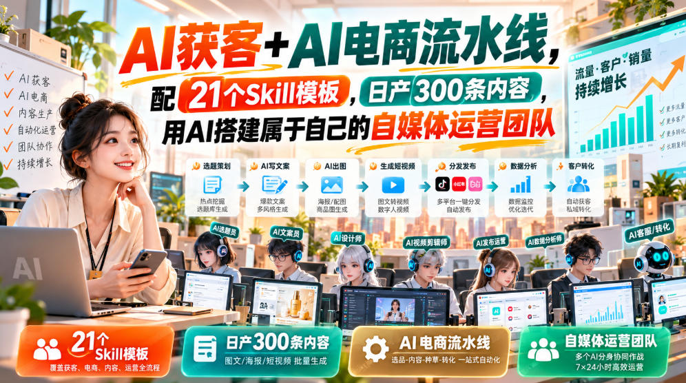 AI获客+AI电商流水线，配21个Skill模板，日产300条内容，用AI搭建属于自己的自媒体运营团队-伊亚库