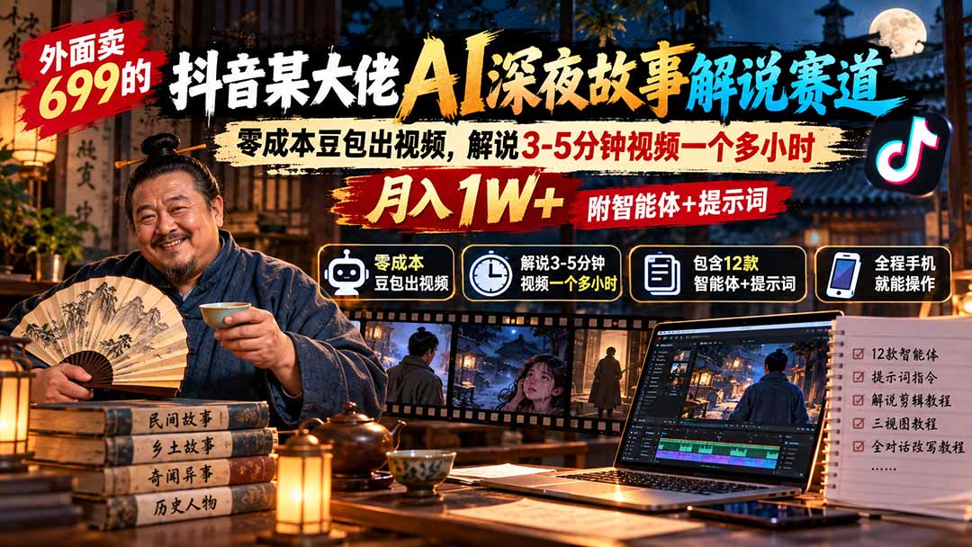 外面卖699的抖音某大佬AI深夜故事解说赛道：零成本豆包出视频，解说3-5分钟视频一个多小时，月入1W+附智能体+提示词-伊亚库