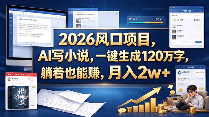 2026 风口项目，AI 写小说，一键生成 120 万字，躺着也能赚，月入 2w +-伊亚库