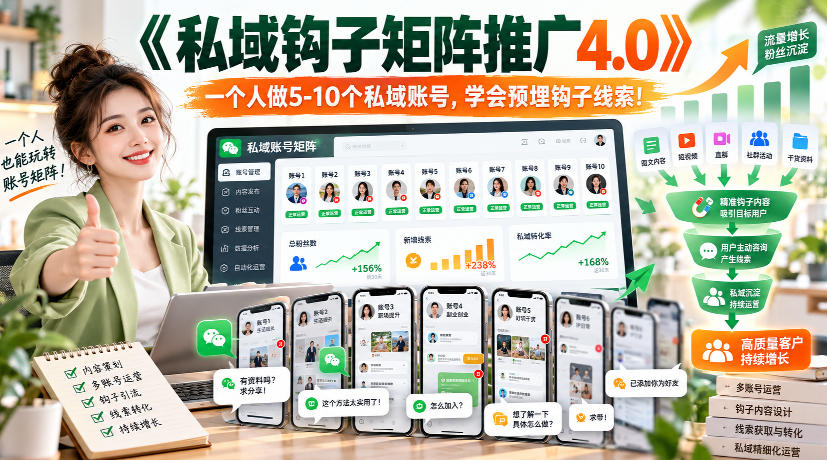【无水印】《私域钩子矩阵推广4.0》一个人做5-10个私域账号，学会预埋钩子线索！-伊亚库