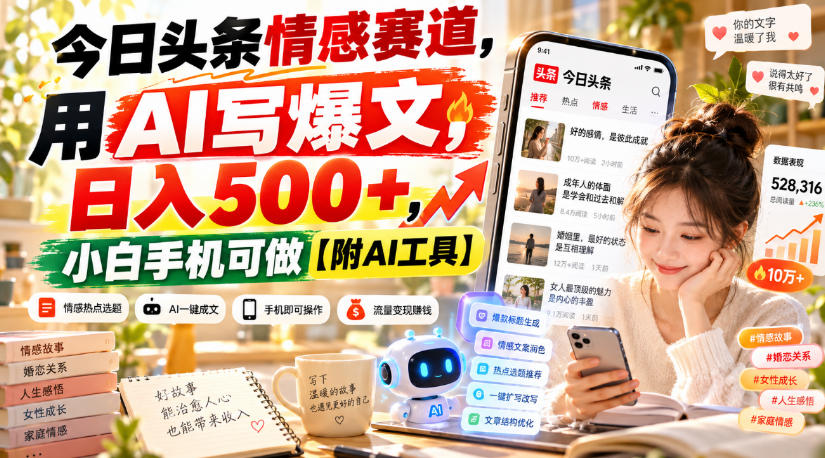 今日头条情感赛道，用AI写爆文，日入500+，小白手机可做【附AI工具】-伊亚库