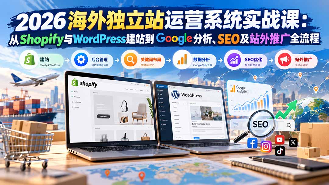 2026海外独立站运营系统实战课：从Shopify与WordPress建站到Google分析、SEO及站外推广全流程-伊亚库