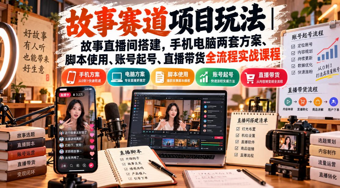 故事赛道项目玩法｜故事直播间搭建，手机电脑两套方案、脚本使用、账号起号、直播带货全流程实战课程-伊亚库