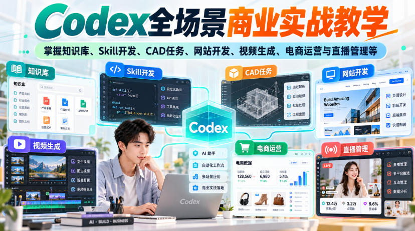 【无水印】Codex全场景商业实战教学，掌握知识库、Skill开发、CAD任务、网站开发、视频生成、电商运营与直播管理等-伊亚库