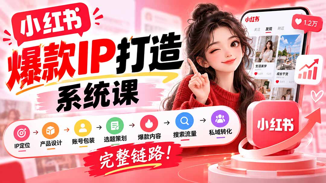 【无水印】小红书爆款IP打造课：IP定位→产品设计→账号包装→选题策划→爆款内容→搜索流量→私域转化，完整链路-伊亚库