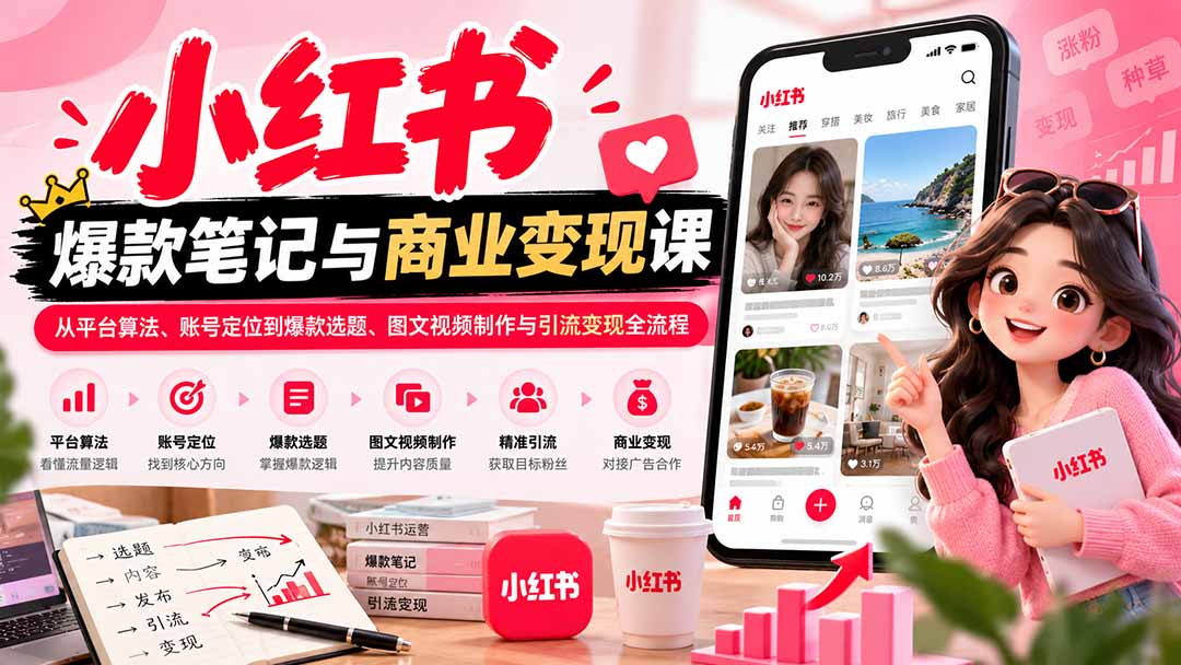 2026小红书爆款笔记与商业变现课：从平台算法、账号定位到爆款选题、图文视频制作与引流变现全流程-伊亚库