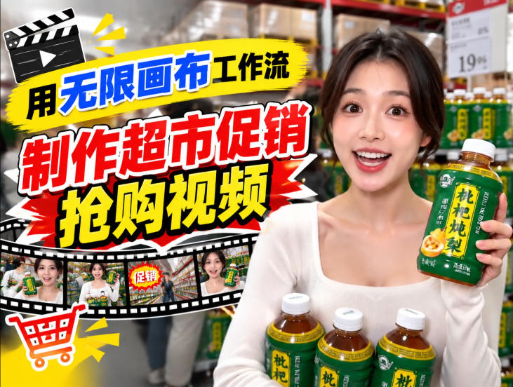 无限画布超市促销抢购视频工作流，一键产出TikTok抖音带货短视频-伊亚库